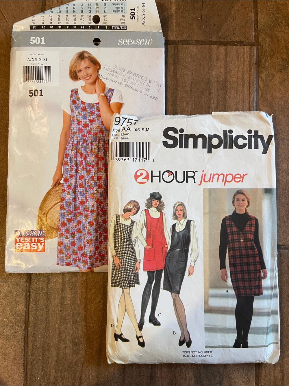 Simplicity Jumper Sewing Pattern with Red Plaid and Floral Options